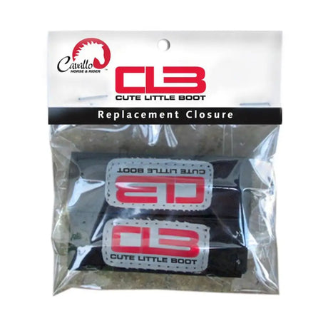 Black Cavallo cute little boot replacement closure with red and white branded labels and perforated edges