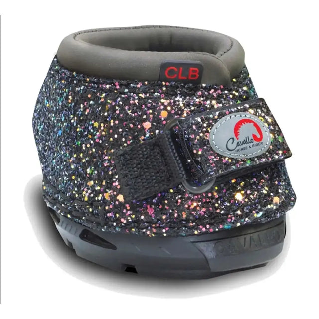 Cavallo cute slim bling horse hoof boot in glittery black with multicolored sparkles and gray padded interior