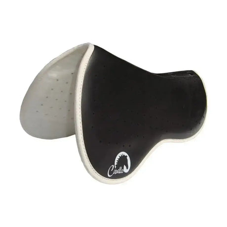 Black cavallo english raised saddle pad with white stitching and perforated underside for raised wither saddle use