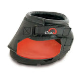 Black cavallo enhanced hoof protection gel pad boot with bright red rubber sole and adjustable strap for hoof protection