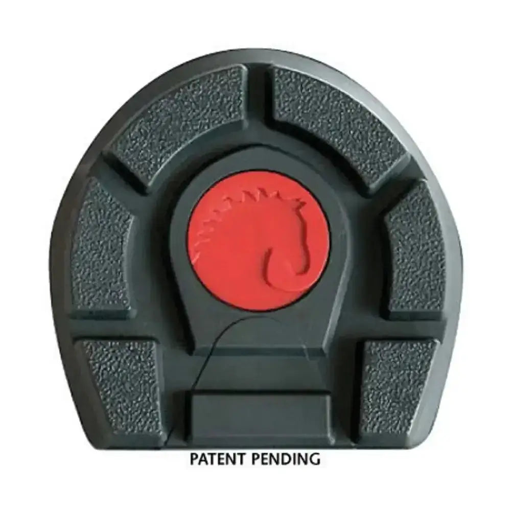 Black hoof-shaped cavallo pastern wrap with red emblem and white horse silhouette for pastern wraps protection