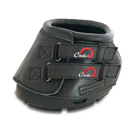 Black cavallo simple boot with textured leather straps and red logo accents popular hoof boots for horses