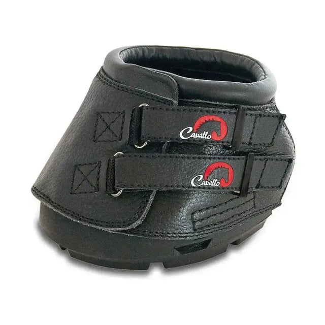 Black cavallo simple boot with textured leather straps and red logo accents popular hoof boots for horses