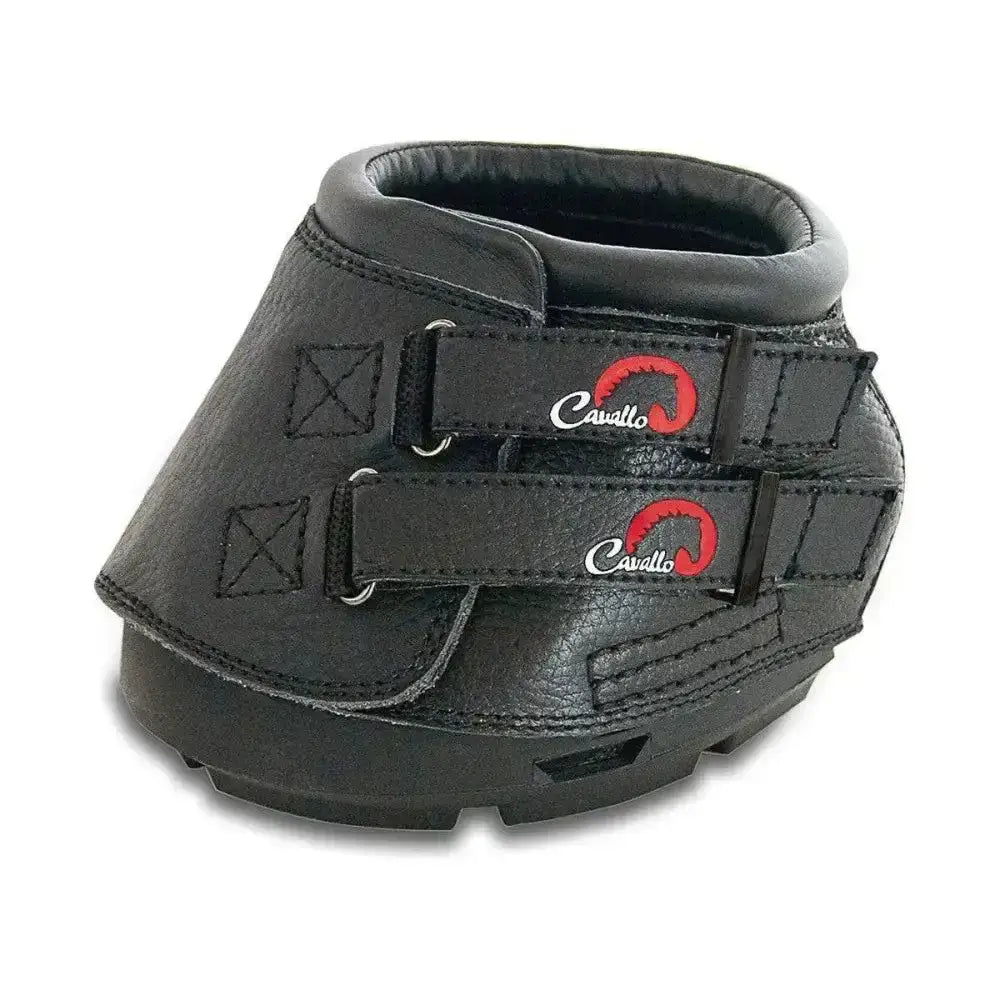 Black cavallo simple boot slim with textured leather straps and red logo accents popular hoof boots design
