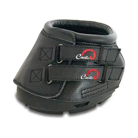 Black cavallo simple boot slim with textured leather straps and red logo accents popular hoof boots design