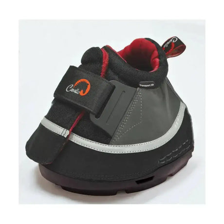 Black and gray cavallo transport air horse hoof boot with red lining and reflective stripe for coolest transportation boot