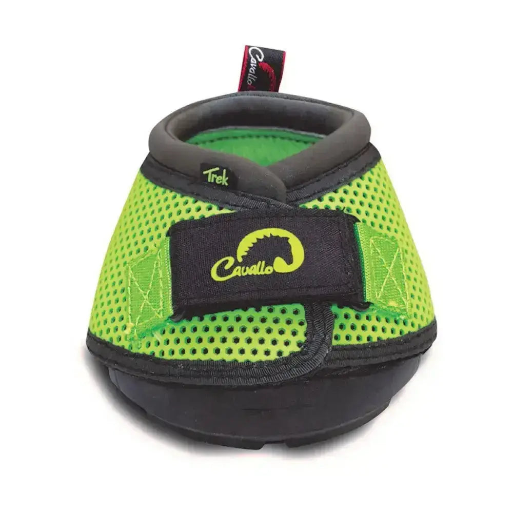 Bright neon green cavallo trek regular mesh horse hoof boot with black trim rust proof metal and high performance tpu strap