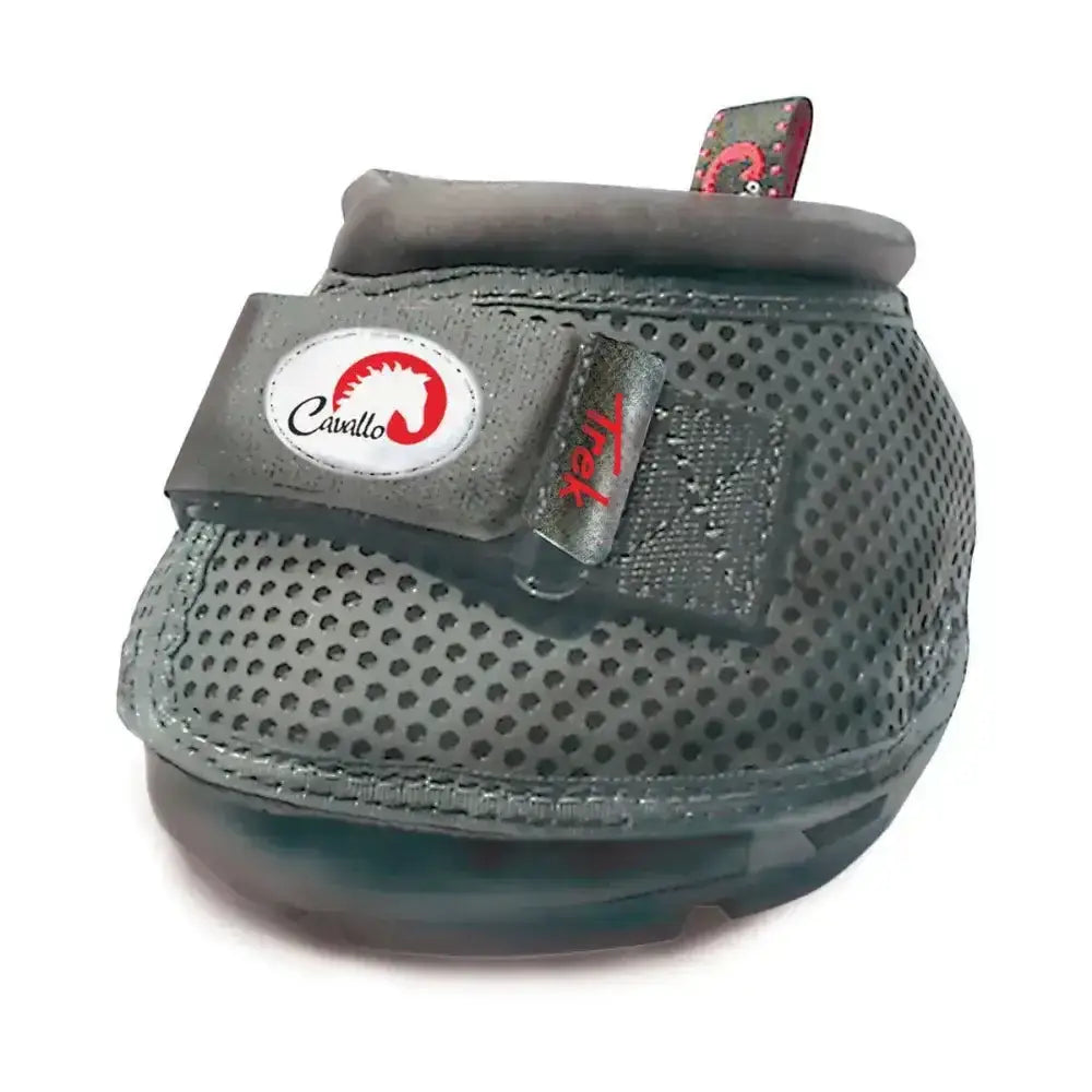 Dark gray perforated cavallo trek slim horse hoof boot with black strap red logo patch and rust proof metal buckle