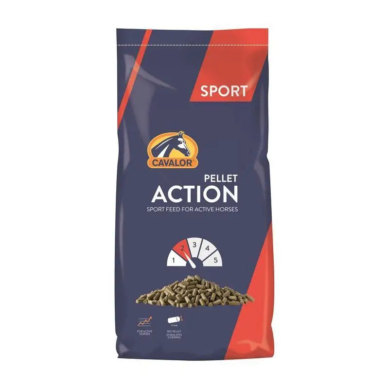 Cavalor action pellet sport feed for active horses in a navy and red 20 kg package