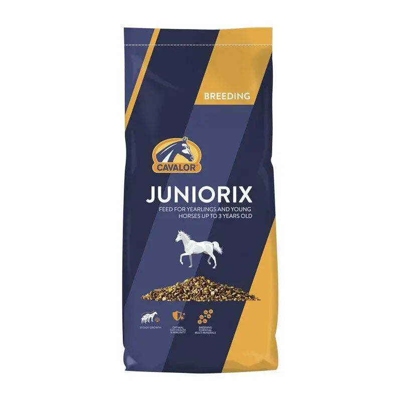 Cavalor breeding juniorix yearling feed in navy blue and gold 20 kg bag for young horses up to 3 years old