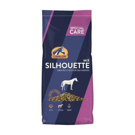 Cavalor fibre care silhouette horse feed mix in navy purple bag with white horse silhouette 20 kg bag