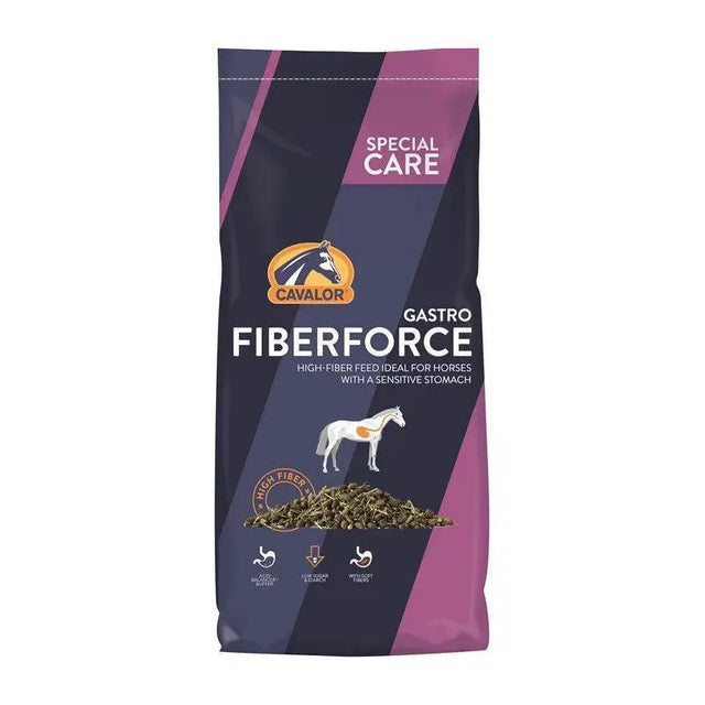 Cavalor fibreforce gastro expert 15 kg dark blue bag with green high fiber pellets supports the stomach wall health