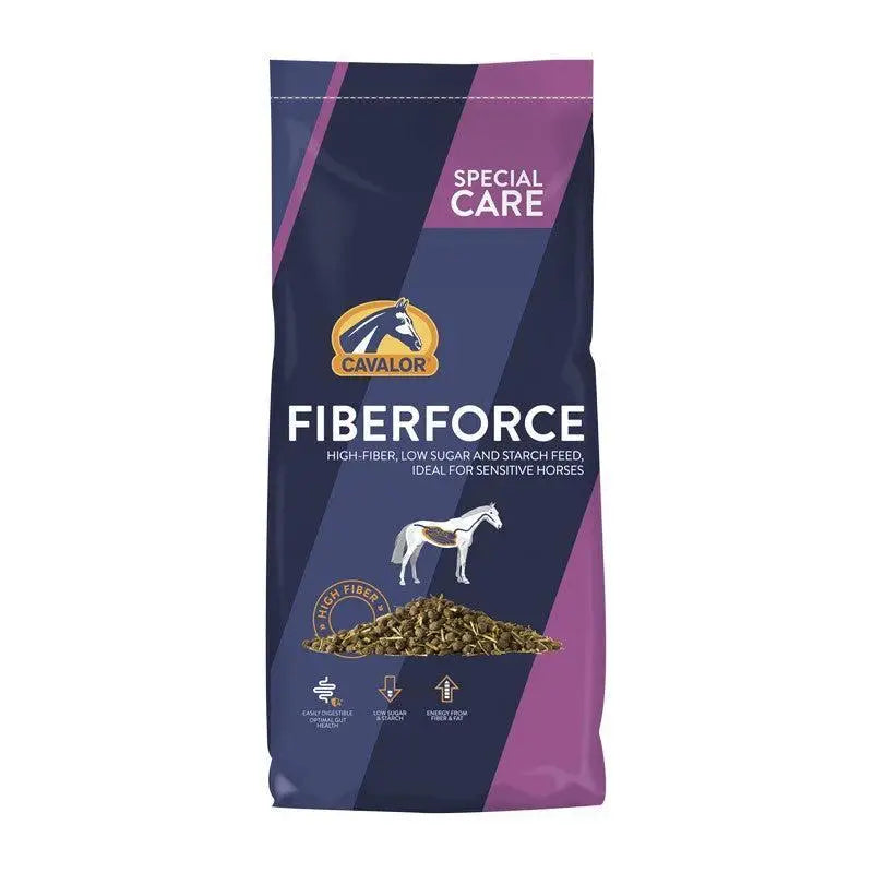 Cavalor fibreforce spec care expert 15kg navy and purple bag with gold logo high fiber pellets for sensitive horses