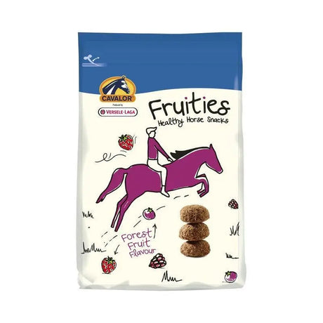 Cavalor fruities healthy horse snacks in blue and white package with purple horse illustration 750g cavalor horse treats