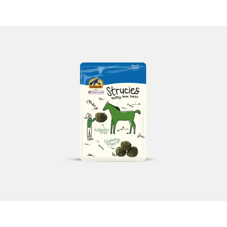 Cavalor horse treats strucies in blue white pouch with green horse illustrations made of highly absorbable sunflower seed meal