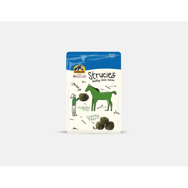 Cavalor horse treats strucies in a blue and white pouch with green horses made from highly absorbable sunflower seed meal