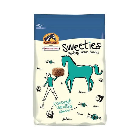 Cavalor sweeties coconut vanilla flavored horse treats sweeties 750g in blue cream bag with horse rider design containing maize germ meal