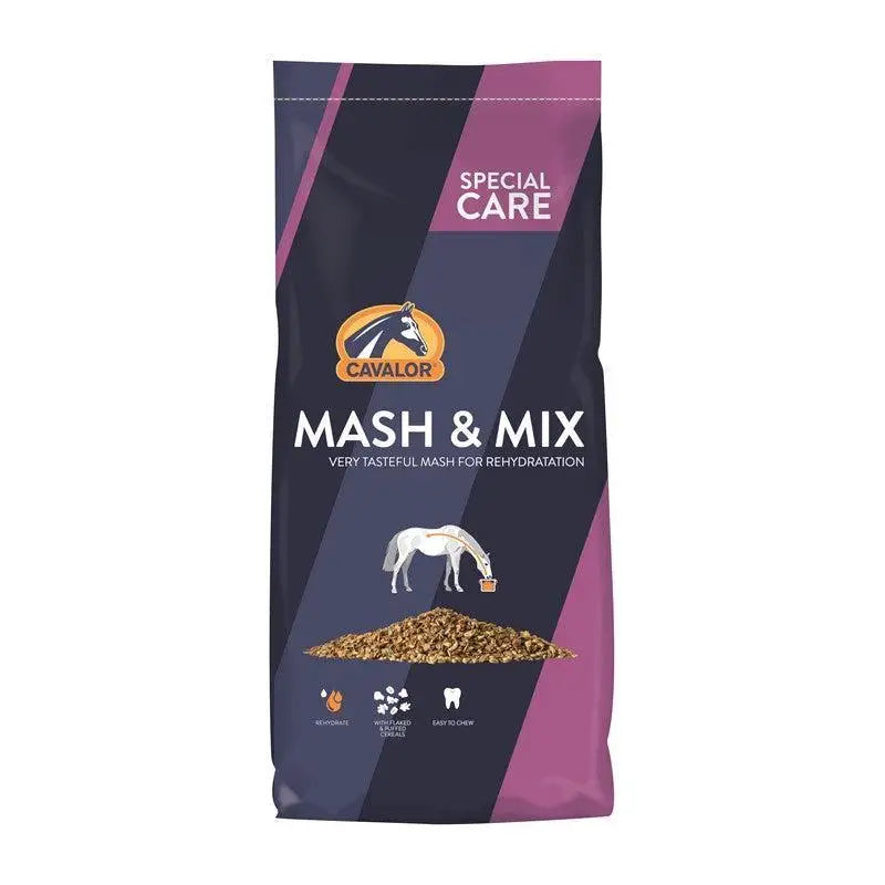Cavalor mash mix care expert 15kg bag in blue and purple showing a white horse eating brown granular mash with glycine hydrate