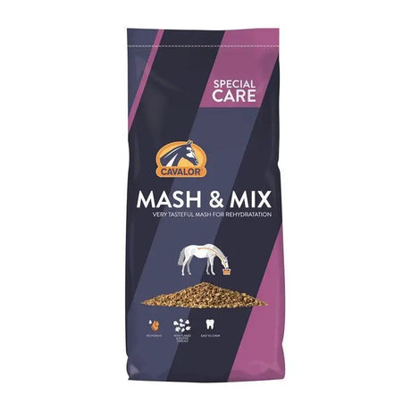 Cavalor mash mix care expert 15kg bag in blue and purple showing a white horse eating brown granular mash with glycine hydrate