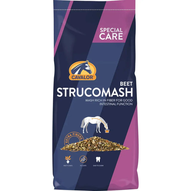 Cavalor strucomash beet spec care 15kg bag in dark blue with a white horse eating golden-brown beet pulp flakes