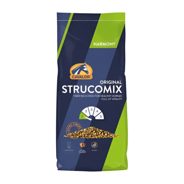 Cavalor strucomix original 15 kg bag with fiber-rich horse feed in blue and green featuring stylized horse logo