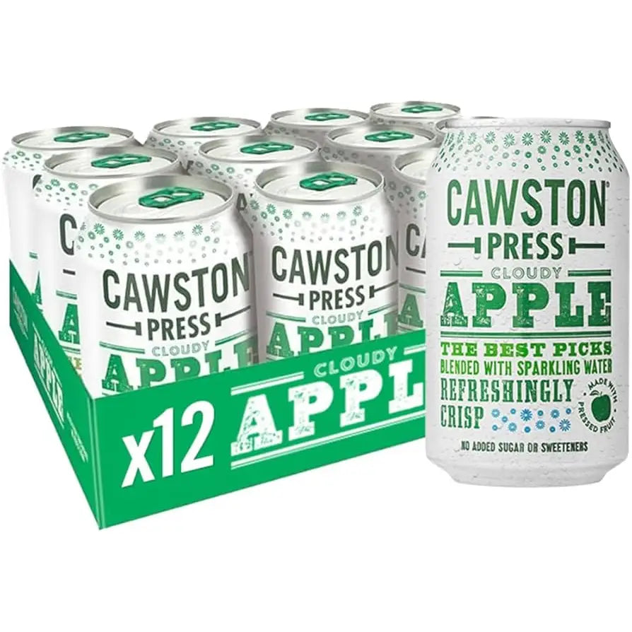 A silver aluminum can of cawston sparkling apple with green text and dot pattern featuring cotswold spring water branding