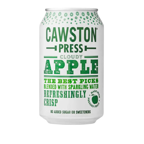 A white aluminum can of cawston sparkling apple featuring green floral patterns and a blend of cotswold spring water