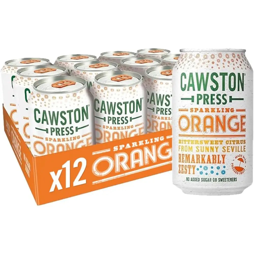 A single can of cawston sparkling orange with white body and green orange text featuring cotswold spring water