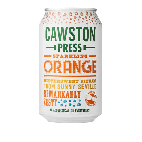A white aluminum can of cawston sparkling orange soda with green and orange lettering and a patterned top rim