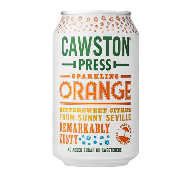 A white aluminum can of cawston sparkling orange soda with green and orange lettering and a patterned top rim