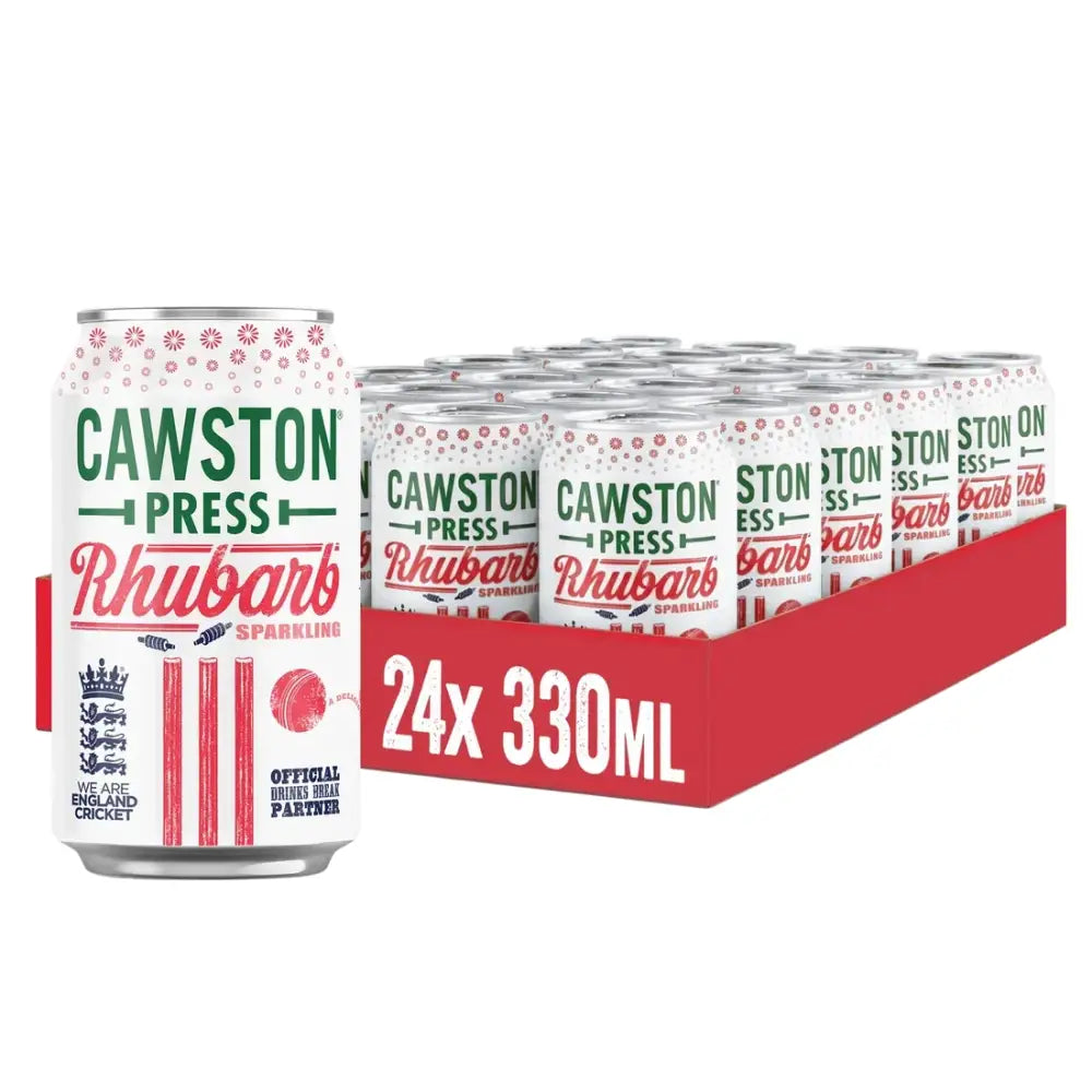 A white aluminum can of cawston sparkling rhubarb with green red branding crown emblem and cricket-themed graphics