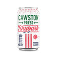 A white aluminum can of cawston sparkling rhubarb with green and red cricket-themed branding and england crest