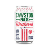 A white aluminum can of cawston sparkling rhubarb with green and red cricket-themed branding and england crest