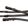 Black leather celtic equine dressage reins with stitched edges and metal buckles for better rubber grip control