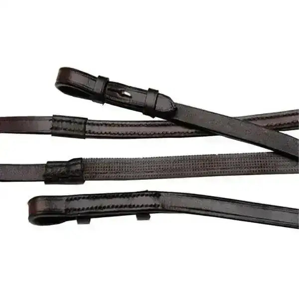 Black leather celtic equine dressage reins with stitched edges and metal buckles for better rubber grip control