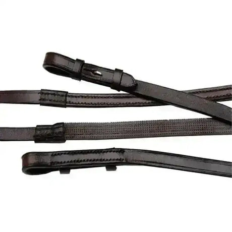 Black leather celtic equine dressage reins with stitched edges and metal buckles for better rubber grip control