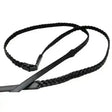 Black braided leather riding crop with smooth flat handle and metal clip featured in celtic equine plaited leather reins