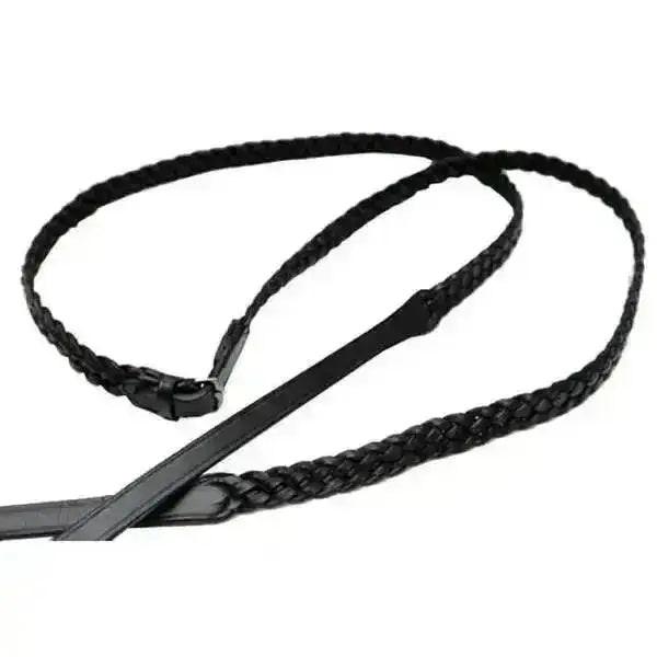 Black braided leather riding crop with smooth flat handle and metal clip featured in celtic equine plaited leather reins