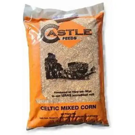 Orange and silver bag of castle feeds celtic mixed poultry corn 20kg with black silhouette illustration on front