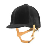 Black velvet champion cpx supreme deluxe riding hat with tan leather straps and buckle for equestrian use