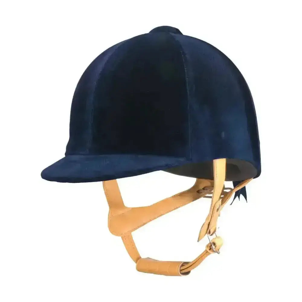 Navy blue velvet champion cpx supreme deluxe equestrian helmet with tan leather straps for riding use