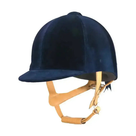 Navy blue velvet champion cpx supreme deluxe equestrian helmet with tan leather straps for riding use
