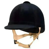 Black velvet champion cpx3000 deluxe riding helmet with tan leather straps and small rounded top for riding use