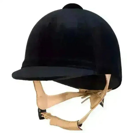 Black velvet champion cpx3000 deluxe riding helmet with tan leather straps and small rounded top for riding use