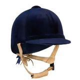 Navy blue velvet champion cpx3000 deluxe riding helmet cover with tan leather straps and decorative bow