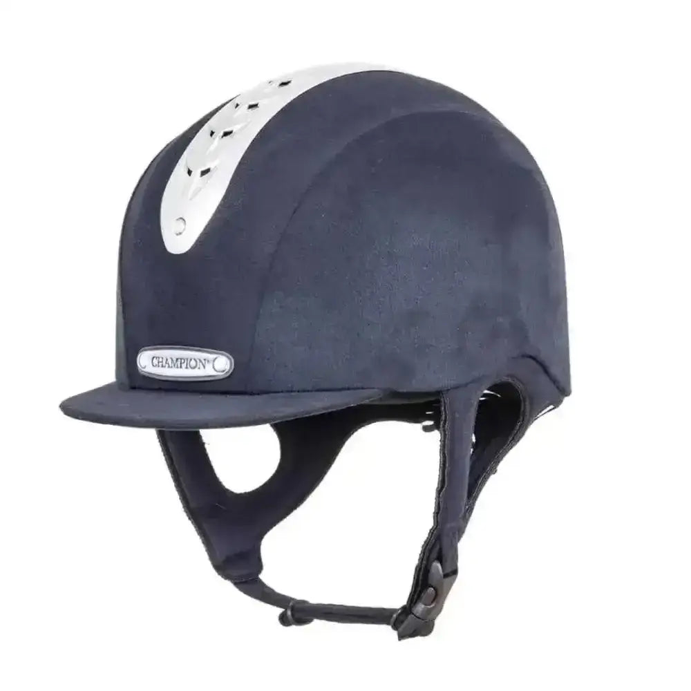 Navy blue suede peaked riding hat with silver ventilation strip and revolve x-air mips junior helmet emblem