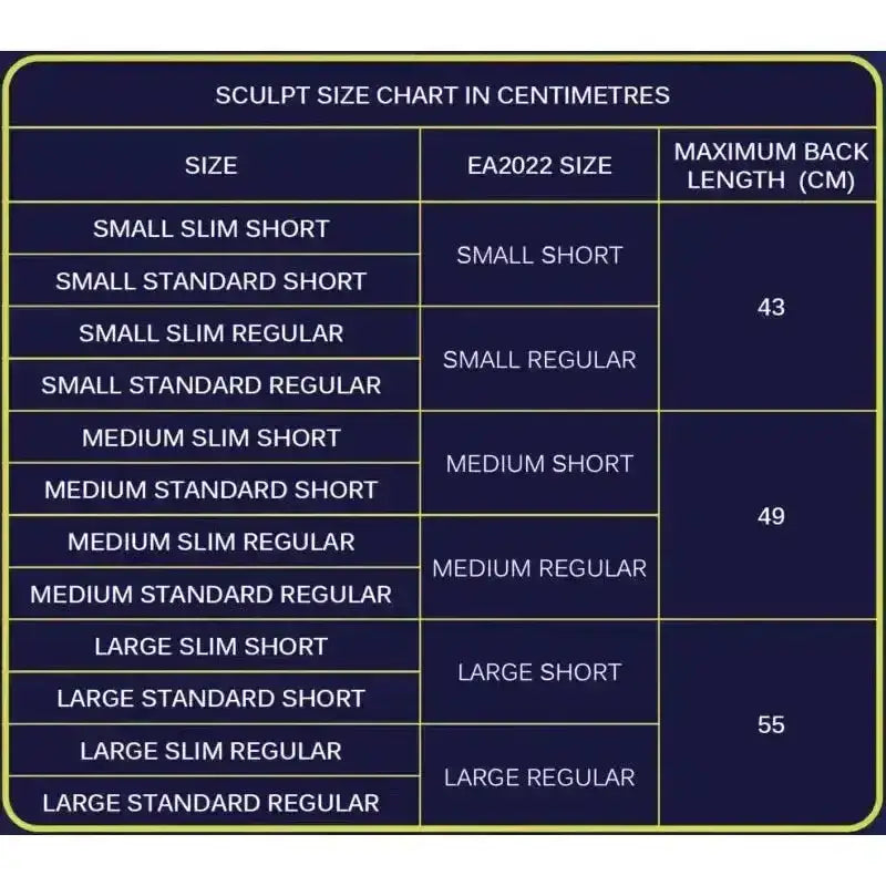 Champion sculpt back protector size chart in centimetres showing max back lengths for comfortable lightweight protection