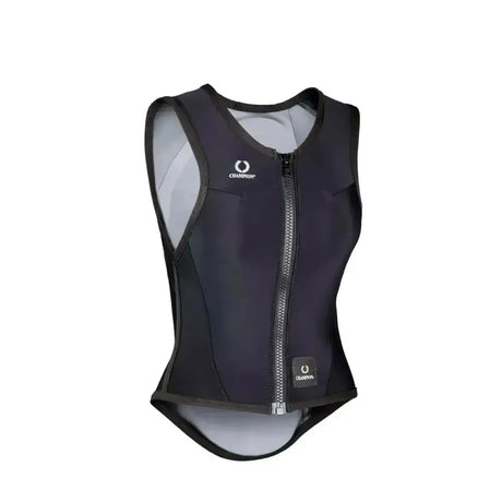 Black champion sculpt neoprene life vest with gray interior and front zipper protector offers comfortable lightweight protection