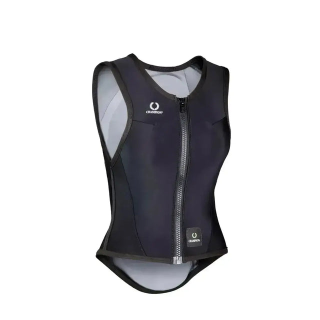Black champion sculpt neoprene life vest with gray interior and front zipper protector offers comfortable lightweight protection
