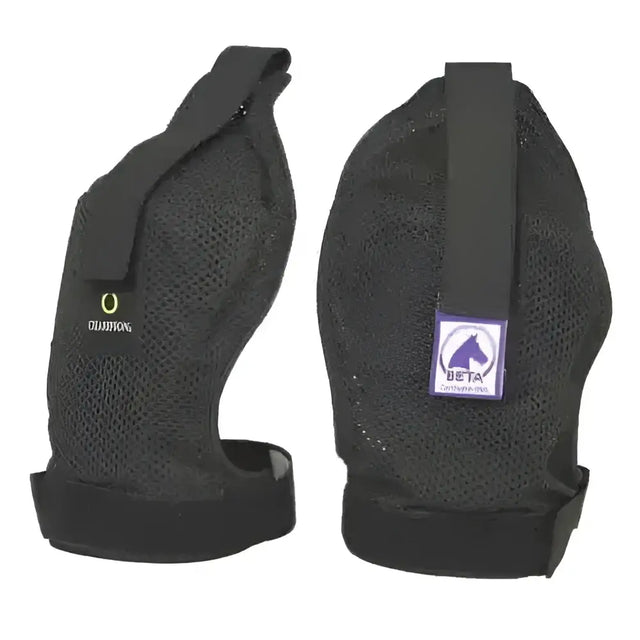Black mesh horse riding gloves with adjustable straps and logos shown from the back for champion ti22 guardian use